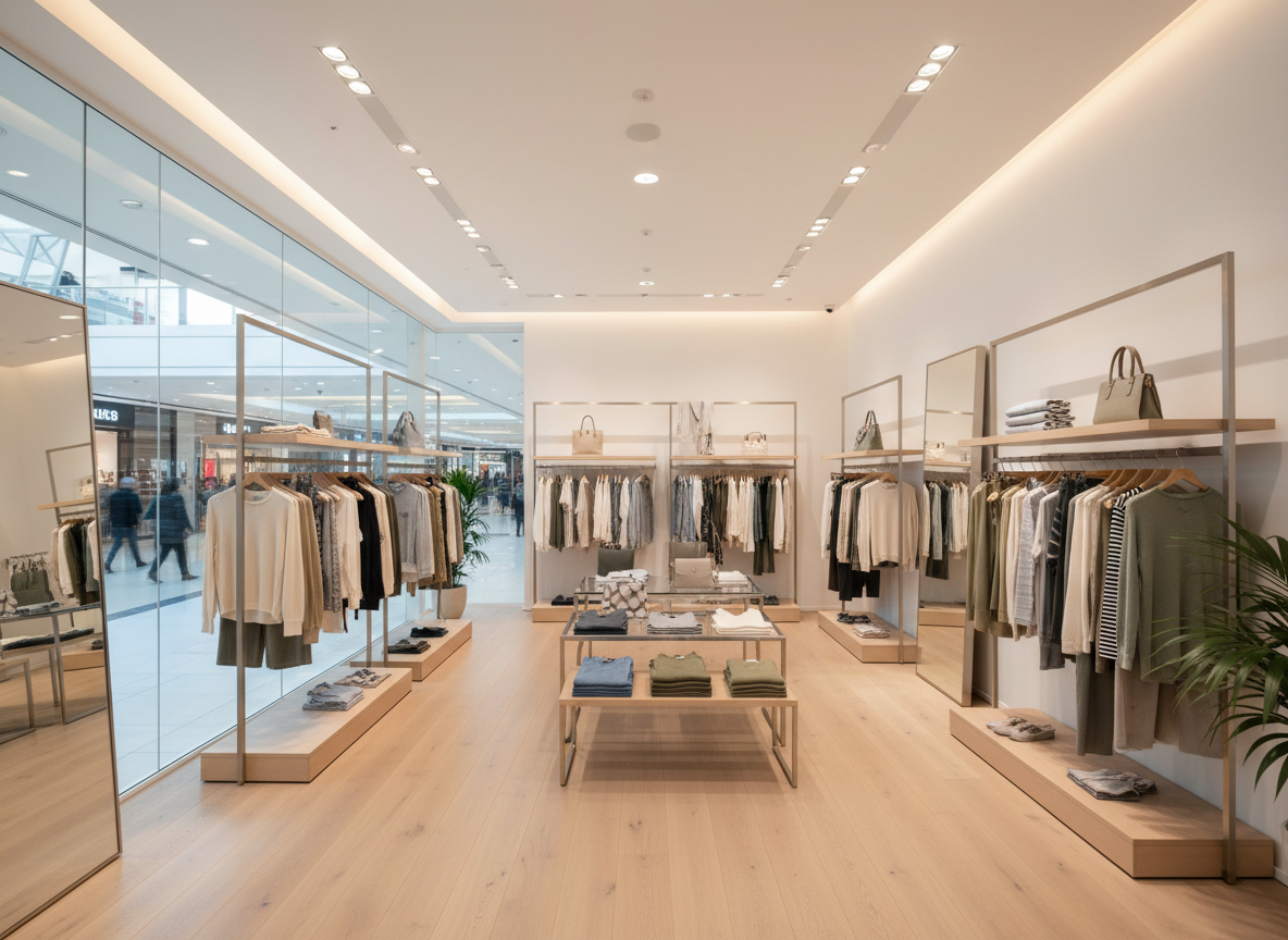 A modern, stylish clothing store interior inside a shopping mall. Neatly arranged clothes on racks and shelves, bright elegant lighting, wooden floors, clean minimalist design. No brand names, no logos, no signs visible anywhere. Professional retail environment, high-end boutique atmosphere.